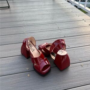 Red Patent Leather Square Toe Block Heels